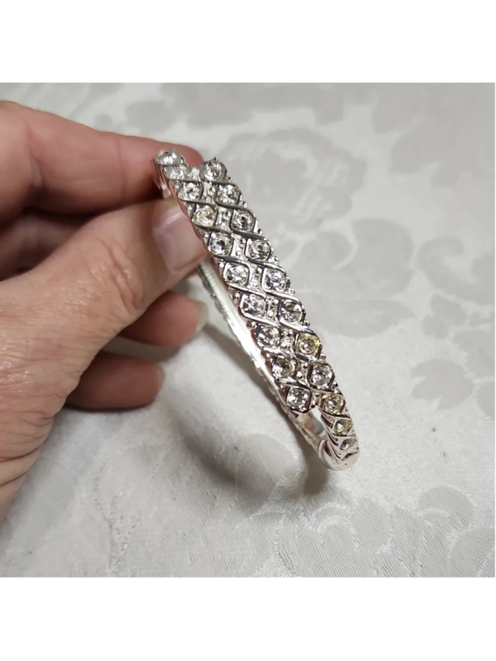 Silver Tone Hinged Rhinestone Pavé Cuff Bangle Bracelet, 7 in